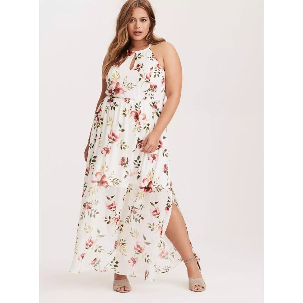 torrid Cream Floral Halter Maxi Dress with Pink & Green Print